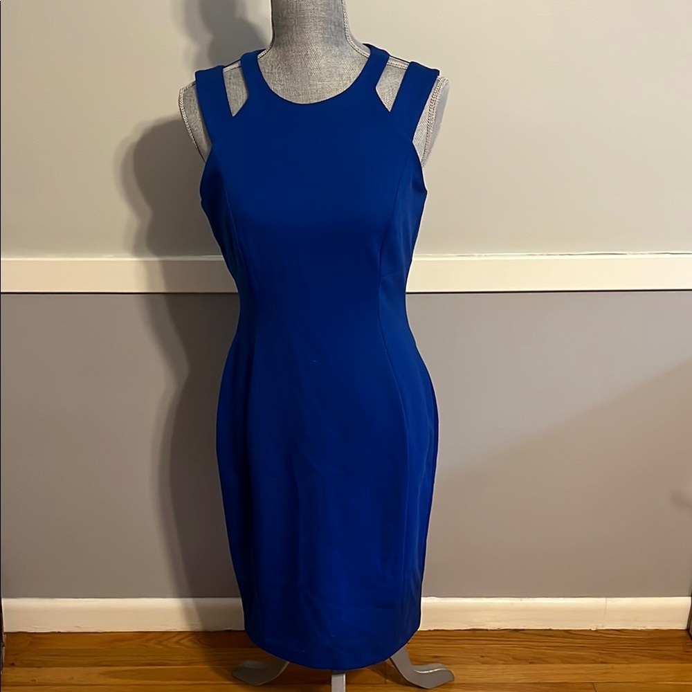 Calvin Klein Blue Sheath Midi Dress Crew Neck Sleeveless